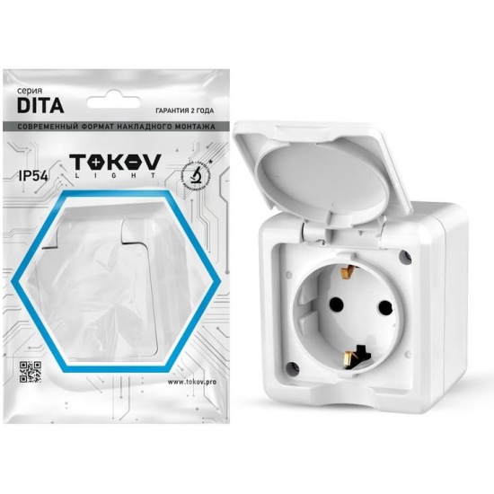 Розетка 1-м ОП 16А IP54 250В с/з с крышкой прозрачной белый Dita TOKOV ELECTRIK